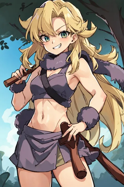 masterpiece, best quality, cartoon, solo, 1girl, Ayla_CT <lora:Ayla_CT:0.8>,long blonde curly hair, purple fur scarf, purple skirt, in a wild forest, holding weapon, club \(weapon\), grin, muscular