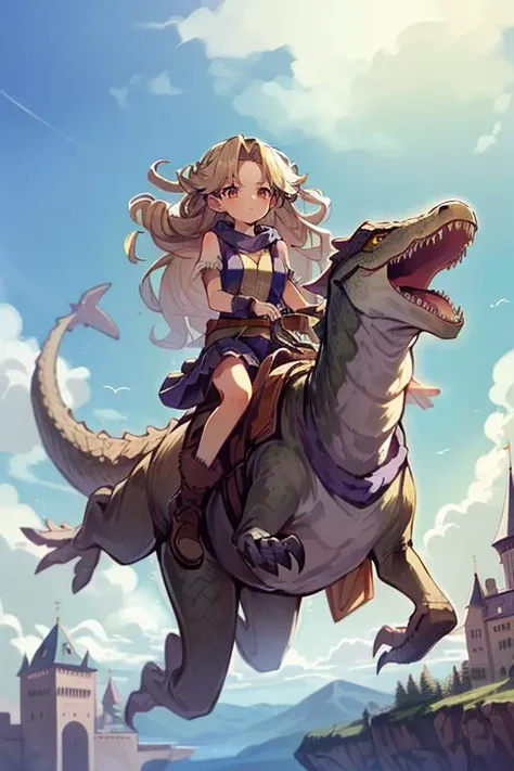 (masterpiece, best quality, highres, absurdres, ultra-detailed:1.3),<lora:Ayla_CT:0.8>((1girl, Ayla_CT, long blonde curly hair, purple fur scarf, purple skirt)), (outdoors, blue sky, clouds, castle below: 1.2) <lora:riding_a:0.6> (riding a pterodactyl dinosaur)