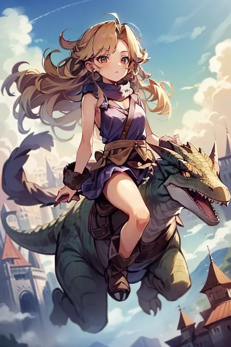(masterpiece, best quality, highres, absurdres, ultra-detailed:1.3),<lora:Ayla_CT:0.8>((1girl, Ayla_CT, long blonde curly hair, purple fur scarf, purple skirt)), (outdoors, blue sky, clouds, castle below: 1.2) <lora:riding_a:0.6> (riding a pterodactyl dinosaur)