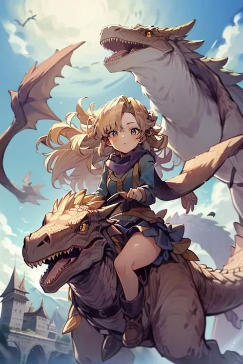 (masterpiece, best quality, highres, absurdres, ultra-detailed:1.3),<lora:Ayla_CT:0.8>((1girl, Ayla_CT, long blonde curly hair, purple fur scarf, purple skirt)), (outdoors, blue sky, clouds, castle below: 1.2) <lora:riding_a:0.6> (riding a pterodactyl dinosaur)