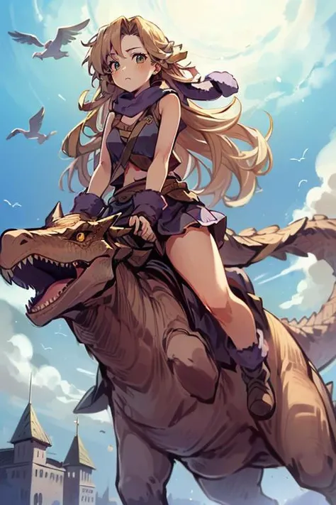 (masterpiece, best quality, highres, absurdres, ultra-detailed:1.3),<lora:Ayla_CT:0.8>((1girl, Ayla_CT, long blonde curly hair, purple fur scarf, purple skirt)), (outdoors, blue sky, clouds, castle below: 1.2) <lora:riding_a:0.6> (riding a pterodactyl dinosaur)