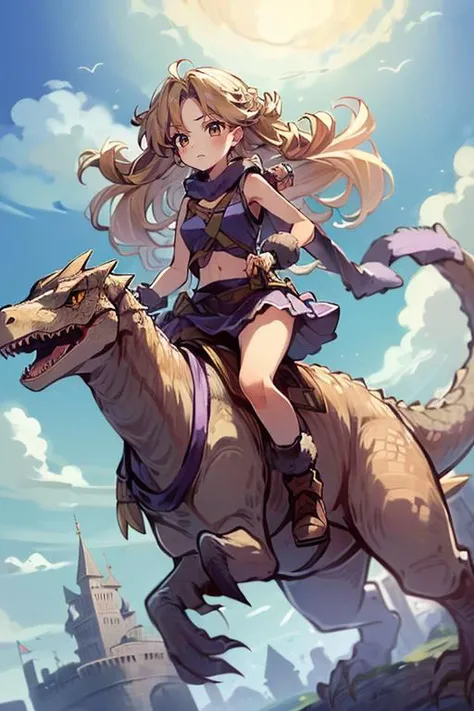 (masterpiece, best quality, highres, absurdres, ultra-detailed:1.3),<lora:Ayla_CT:0.8>((1girl, Ayla_CT, long blonde curly hair, purple fur scarf, purple skirt)), (outdoors, blue sky, clouds, castle below: 1.2) <lora:riding_a:0.6> (riding a pterodactyl dinosaur)
