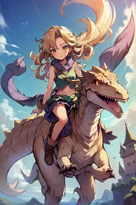 (masterpiece, best quality, highres, absurdres, ultra-detailed:1.3),<lora:Ayla_CT:0.8>((1girl, Ayla_CT, long blonde curly hair, purple fur scarf, purple skirt)), (outdoors, blue sky, clouds, castle below: 1.2) <lora:riding_a:0.6> (riding a pterodactyl dinosaur)