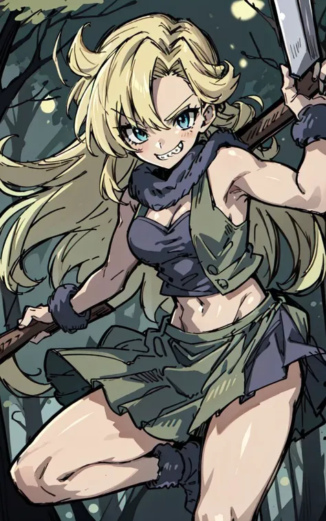 masterpiece, best quality, cartoon, solo, 1girl, Ayla_CT <lora:Ayla_CT:0.8>,long blonde curly hair, purple fur scarf, purple skirt, in a wild forest, holding weapon, club \(weapon\), grin, muscular