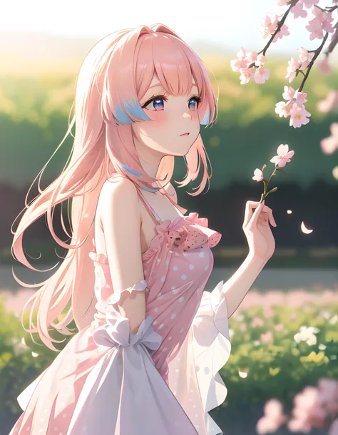 masterpiece, best quality, ultra detailed, 1 girl, solo, extremely detailed, amazing, fine detail, highly detailed woman, (extremely detailed eyes and face), solo_focus, <lora:sangonomiyaKokomiGenshin_v10:1>, ((pink polka dot chemise)), medium breast, multicolored hair, blush, shy, standing, cherry blossom field, sunset, depth of field, morning light, from side, dreamy expression,