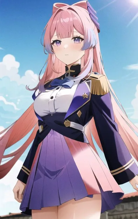 masterpiece, 1girl, sangonomiya kokomi, no pupils, pink hair, bow-shaped hair, purple eyes, bangs, long hair, blunt bangs, multicolored hair, hair ornament, medium breasts, blue hair, soldier commander uniform
, <lora:sangonomiyaKokomiGenshin_v10:0.7>