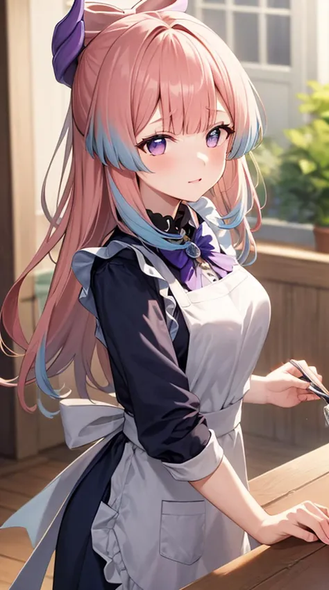 hands,masterpiece, best quality, sangonomiya kokomi, no pupils, pink hair, (bow-shaped hair:1.2), purple eyes, bangs, long hair, blunt bangs, multicolored hair, hair ornament, medium breasts, blue hair, (apron:1.2)