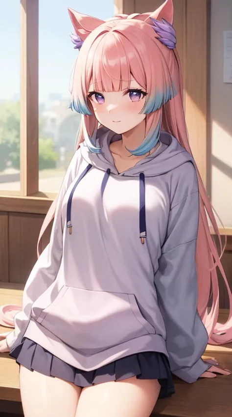 masterpiece, best quality, sangonomiya kokomi, no pupils, pink hair, (bow-shaped hair:1.2), purple eyes, bangs, long hair, blunt bangs, multicolored hair, hair ornament, medium breasts, blue hair, (white hoodie:1.2)