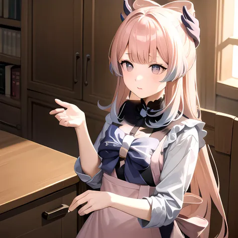 hands,masterpiece, best quality, sangonomiya kokomi, no pupils, pink hair, (bow-shaped hair:1.2), purple eyes, bangs, long hair, blunt bangs, multicolored hair, hair ornament, medium breasts, blue hair, (apron:1.2) <lora:kokomi_1024_Adam8_dim64_kohyaLoRA_fp32_8e-2noise_token2_24-3-2023:1>