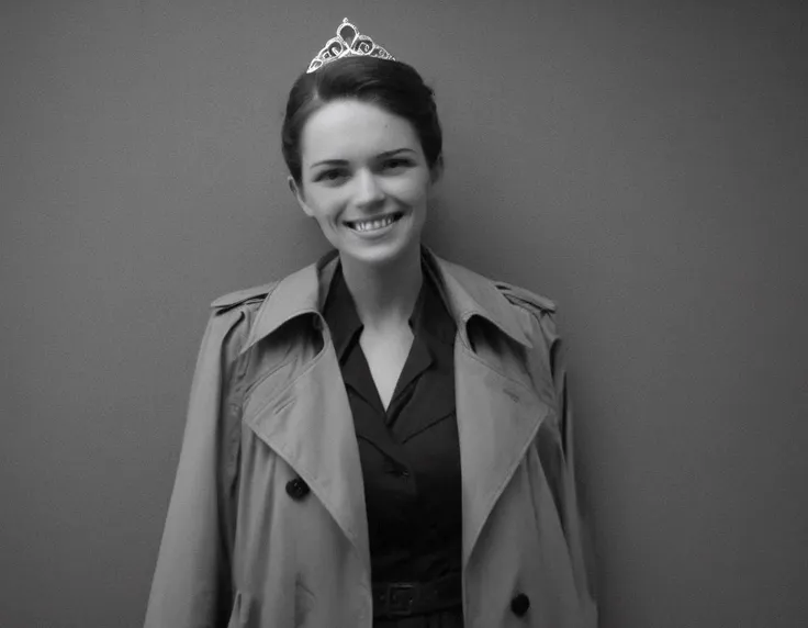 Private Detective Princess, (princess dress:1.5), (tiara:1.5), (Long Trenchcoat:1.5), \(Colt .45 pistol\), (hard-bitten grin:1.5), age 21, Monochromatic, Classic Film Noir style