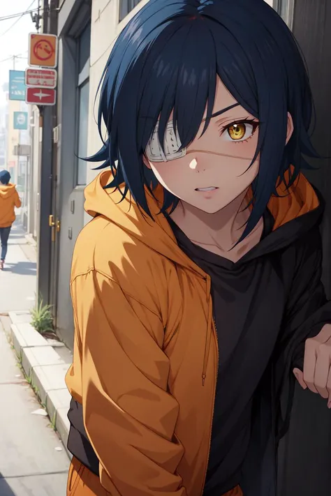 masterpiece, best quality, high quality, highres, absurdres, ultra-detailed, best anatomy, detailed eyes, perfect eyes, slim body, slim legs, akito_agito, short hair, yellow eyes, eyepatch, blue hair, 1girl, solo, orange hoodie, baggy pants, white pants, very small breasts, black sneakers, upper body, portrait, Mimicking eating a giant sandwich,  <lora:akito:0.8>