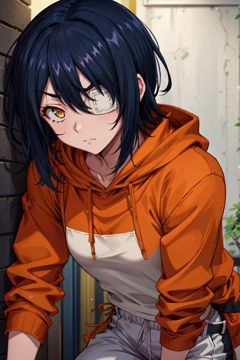 masterpiece, best quality, high quality, highres, absurdres, ultra-detailed, best anatomy, detailed eyes, perfect eyes, slim body, slim legs, akito_agito, short hair, yellow eyes, eyepatch, blue hair, 1girl, solo, orange hoodie, baggy pants, white pants, very small breasts, black sneakers, upper body, portrait, Leaning against an invisible bar,  <lora:akito:0.8>