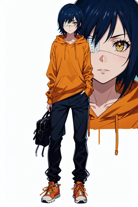 masterpiece, best quality, high quality, highres, absurdres, ultra-detailed, best anatomy, detailed eyes, perfect eyes, slim body, slim legs, akito_agito, short hair, yellow eyes, eyepatch, blue hair, 1girl, solo, orange hoodie, baggy pants, white pants, very small breasts, black sneakers, upper body, portrait, Standing with one arm extended, <lora:akito:0.8>