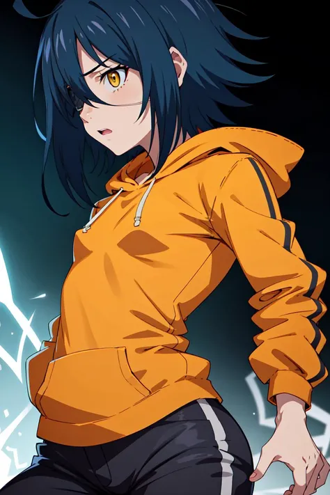 masterpiece, best quality, high quality, highres, absurdres, ultra-detailed, best anatomy, detailed eyes, perfect eyes, slim body, slim legs, akito_agito, short hair, yellow eyes, eyepatch, blue hair, 1girl, solo, orange hoodie, loose hoodie, loose pants, baggy pants, white pants, very small breasts, black sneakers, upper body, portrait, Jumping as if being shocked by static electricity,  <lora:akito:0.85>