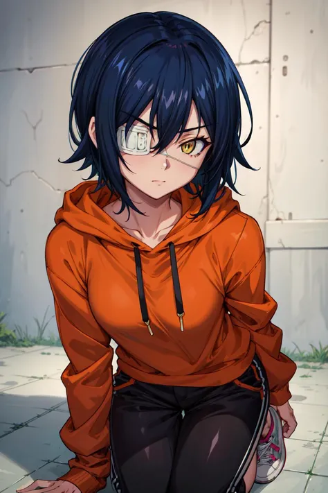 masterpiece, best quality, high quality, highres, absurdres, ultra-detailed, best anatomy, detailed eyes, perfect eyes, slim body, slim legs, akito_agito, short hair, yellow eyes, eyepatch, blue hair, 1girl, solo, orange hoodie, baggy pants, white pants, very small breasts, black sneakers, upper body, portrait, Kneeling, hands folded in lap,  <lora:akito:0.8>