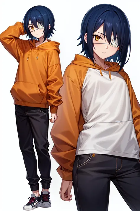 masterpiece, best quality, high quality, highres, absurdres, ultra-detailed, best anatomy, detailed eyes, perfect eyes, slim body, slim legs, akito_agito, short hair, yellow eyes, eyepatch, blue hair, 1girl, solo, orange hoodie, baggy pants, white pants, very small breasts, black sneakers, upper body, portrait, Stretching both arms overhead, <lora:akito:0.8>
