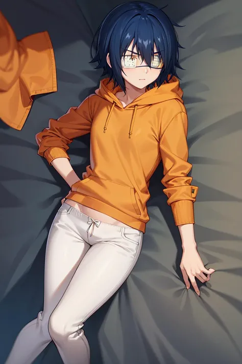 masterpiece, best quality, high quality, highres, absurdres, ultra-detailed, best anatomy, detailed eyes, perfect eyes, slim body, slim legs, akito_agito, short hair, yellow eyes, eyepatch, blue hair, 1girl, solo, orange hoodie, baggy pants, white pants, very small breasts, black sneakers, upper body, portrait, Lying with one arm draped over eyes,  <lora:akito:0.8>