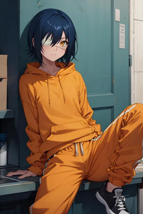 masterpiece, best quality, high quality, highres, absurdres, ultra-detailed, best anatomy, detailed eyes, perfect eyes, slim body, slim legs, akito_agito, short hair, yellow eyes, eyepatch, blue hair, 1girl, solo, orange hoodie, baggy pants, white pants, very small breasts, black sneakers, upper body, portrait, Leaning on an invisible countertop, <lora:akito:0.8>