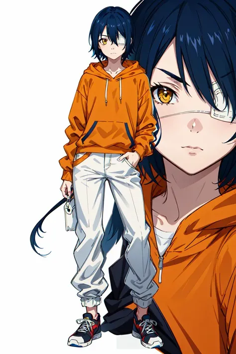 masterpiece, best quality, high quality, highres, absurdres, ultra-detailed, best anatomy, detailed eyes, perfect eyes, slim body, slim legs, akito_agito, short hair, yellow eyes, eyepatch, blue hair, 1girl, solo, orange hoodie, baggy pants, white pants, very small breasts, black sneakers, upper body, portrait, Standing with one foot slightly lifted, <lora:akito:0.8>