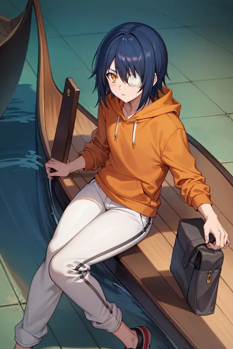 masterpiece, best quality, high quality, highres, absurdres, ultra-detailed, best anatomy, detailed eyes, perfect eyes, slim body, slim legs, akito_agito, short hair, yellow eyes, eyepatch, blue hair, 1girl, solo, orange hoodie, baggy pants, white pants, very small breasts, black sneakers, upper body, portrait, Pretending to paddle a canoe, <lora:akito:0.8>