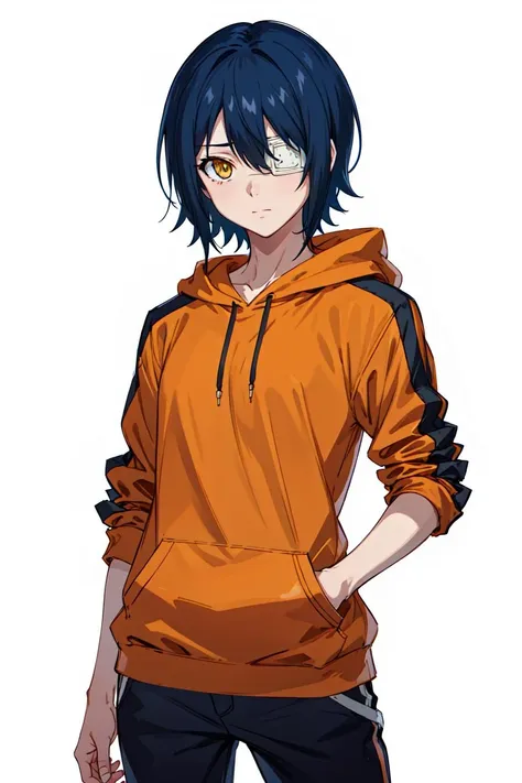 masterpiece, best quality, high quality, highres, absurdres, ultra-detailed, best anatomy, detailed eyes, perfect eyes, slim body, slim legs, akito_agito, short hair, yellow eyes, eyepatch, blue hair, 1girl, solo, orange hoodie, baggy pants, white pants, very small breasts, black sneakers, upper body, portrait, Standing with one arm reaching to the side,  <lora:akito:0.8>