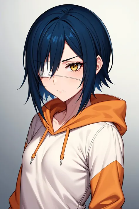 masterpiece, best quality, high quality, highres, absurdres, ultra-detailed, best anatomy, detailed eyes, perfect eyes, slim body, slim legs, akito_agito, short hair, yellow eyes, eyepatch, blue hair, 1girl, solo, orange hoodie, baggy pants, white pants, very small breasts, black sneakers, upper body, portrait, Pretending to struggle with an invisible wind,  <lora:akito:0.8>