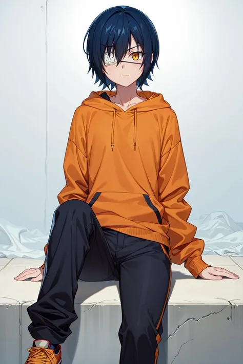masterpiece, best quality, high quality, highres, absurdres, ultra-detailed, best anatomy, detailed eyes, perfect eyes, slim body, slim legs, akito_agito, short hair, yellow eyes, eyepatch, blue hair, 1girl, solo, orange hoodie, baggy pants, white pants, very small breasts, black sneakers, upper body, portrait, Sitting with legs crossed, one hand on knee, <lora:akito:0.8>