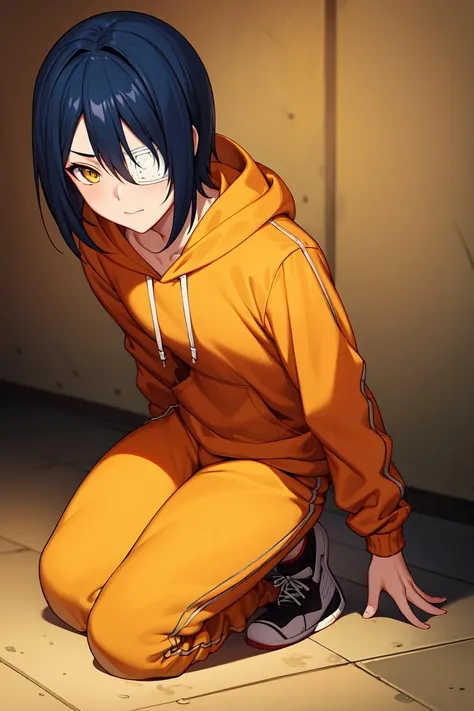 masterpiece, best quality, high quality, highres, absurdres, ultra-detailed, best anatomy, detailed eyes, perfect eyes, slim body, slim legs, akito_agito, short hair, yellow eyes, eyepatch, blue hair, 1girl, solo, orange hoodie, baggy pants, white pants, very small breasts, black sneakers, upper body, portrait, Kneeling with hands clasped in prayer,  <lora:akito:0.8>