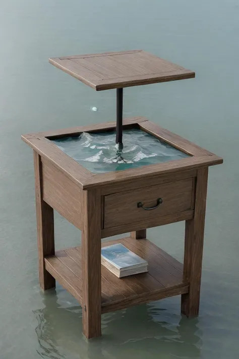 photorealistic photo of the front of a decorative end table, floating in the ocean, swimming, in the water, simple background, realistic, (masterpiece:1.1), (best quality:1.1), beautiful, (intricate details), unity 8k wallpaper, ultra detailed, aesthetic, perfect lighting, <lora:end_table:0.35>