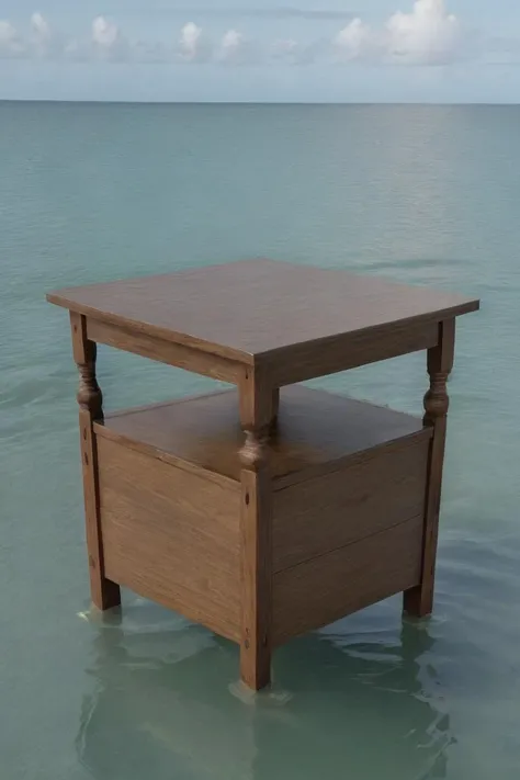 photorealistic photo of the front of a decorative end table, floating in the ocean, swimming, in the water, simple background, realistic, (masterpiece:1.1), (best quality:1.1), beautiful, (intricate details), unity 8k wallpaper, ultra detailed, aesthetic, perfect lighting, <lora:end_table:0.35>
