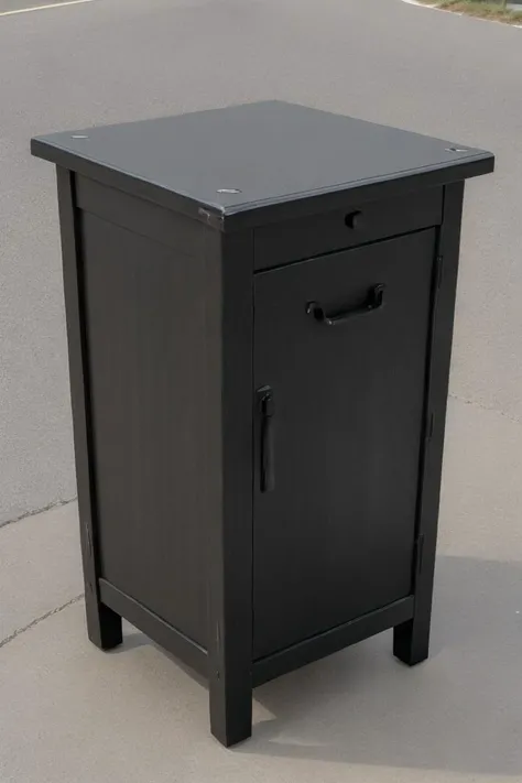 photorealistic photo of the front of a decorative end table painted black, on the side of the road, trash, simple background, realistic, (masterpiece:1.1), (best quality:1.1), beautiful, (intricate details), unity 8k wallpaper, ultra detailed, aesthetic, perfect lighting, <lora:end_table:0.35>