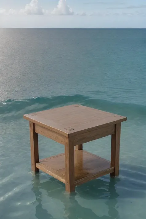 photorealistic photo of the front of a decorative end table, floating in the ocean, swimming, in the water, simple background, realistic, (masterpiece:1.1), (best quality:1.1), beautiful, (intricate details), unity 8k wallpaper, ultra detailed, aesthetic, perfect lighting,  <lora:end_table:0.35>