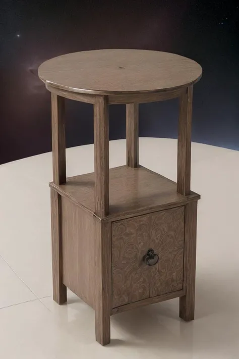 photorealistic photo of the front of a decorative end table, in outer space, floating around, simple background, realistic, (masterpiece:1.1), (best quality:1.1), beautiful, (intricate details), unity 8k wallpaper, ultra detailed, aesthetic, perfect lighting,  <lora:end_table:0.35>