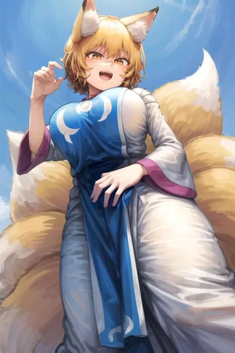 masterpiece, highres, 4k,smug, multiple views,
<lora:Chanta_LoRA-02:1> chanta_(ayatakaoisii), 1girl, animal, animal ear fluff, animal ears, bangs, blonde hair, breasts, dress, eyebrows visible through hair, fox ears, fox tail, huge breasts, jewelry, long sleeves, multiple tails, open mouth, shiny hair, short hair, smile, solo, tabard, tail, white dress, wide sleeves, yakumo ran, yakumo yukari,dress,(from below:2),
<lora:GoodHands-beta2:2>
<lora:Detail_Tweaker_LoRA:0.5>