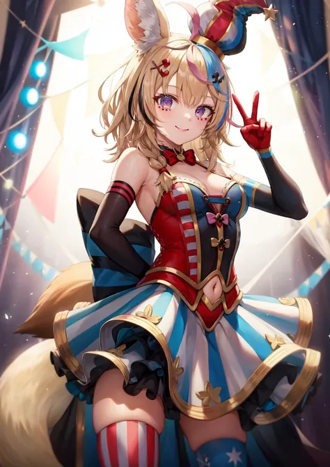 masterpiece, best quality, highres, op1, animal ears, hairclip, streaked hair, hair bow, jester cap, fox tail, thighhighs, navel cutout, mismatched legwear, elbow gloves, red glove, bare shoulders, vertical stripes, skirt, cowboy shot, standing, smile, circus, peace sign <lyco:omaru_polka_v1:0.7>
