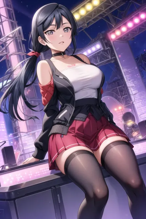 <lora:SetsunaLL_v1:0.7>,  (big boobs), (adult,rock star, milf, 40-year-old woman, large hips, robust body, mature face, adult face:1.3),, (masterpiece, best quality, ultra-detailed), (illustration), (beautiful detailed eyes), 1girl, (solo:1.3), short hair, (yuuki setsuna \(love live!\)), grey eyes, single sidelock, (ponytail, hair ribbon;1.3), (feet out of frame) , stage, lights, (sitting, spread legs), (arms behind back), (choker, jacket, long sleeves, bare shoulders, thigh-high stockings, skirt:1.5), parted lips