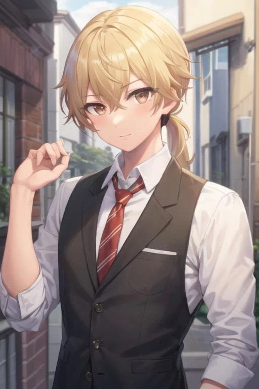 masterpiece, best quality, high quality, 1boy, solo, male focus, looking at viewer, upper body, <lora:ashura_kokuhou:0.52>, ashura_kokuhou, brown eyes, blonde hair, ponytail, , formal, necktie, dress shirt