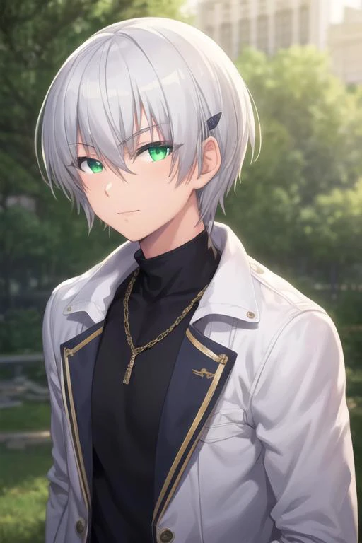 masterpiece, best quality, high quality, 1boy, solo, male focus, looking at viewer, upper body, <lora:hiroto_suzuki:0.64>, hiroto_suzuki, green eyes, white hair, realistic, jacket