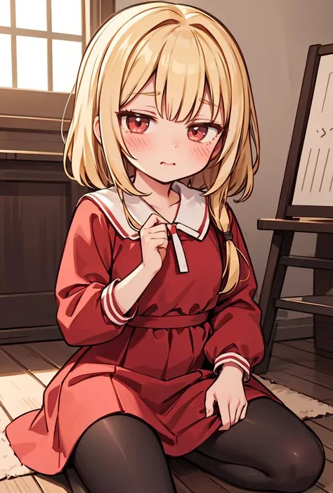 (masterpiece, best quality), 1girl, blonde hair, red dress, pantyhose, cute face, blush,