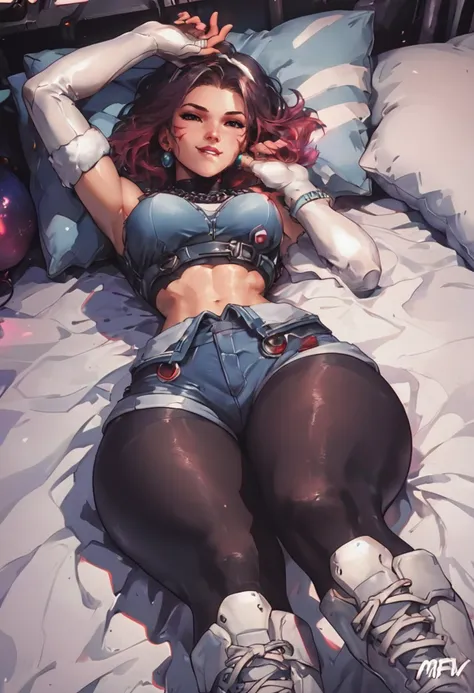 score_9, score_8_up, score_7_up, <lora:Dvakpop:0.9>Dvakpop, white elbow gloves, fingerless gloves, denim shorts, black leggings, white boots, (huge hips: 1.1), (thick legs: 1.1), lying on a bed,   <lora:g0th1cPXL:0.3> g0thicPXL, glowing, neon, 
 <lora:Kenva:0.8> knva, halftone effect, retro artstyle, <lora:m1ntfl4v0r2XLP:0.8>, m1ntfl4v0r2, hand