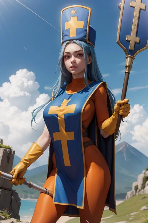 (masterpiece, best quality:1.1), priest \(dq3\), 1girl, solo, long hair, blue hair, red eyes, mitre, tabard, cross print, orange bodysuit, elbow gloves, large breasts, holding, staff, nature, blue sky <lora:DQ3PRIEST:1>, <lora:hyperfusion_550k_128dim-LoCon_extracted-v7:0.4>