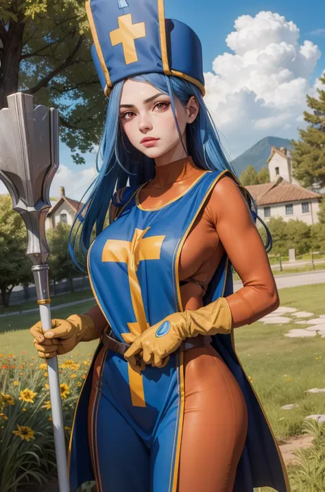 (masterpiece, best quality:1.1), priest \(dq3\), 1girl, solo, long hair, blue hair, red eyes, mitre, tabard, cross print, orange bodysuit, elbow gloves, large breasts, holding, staff, nature, blue sky <lora:DQ3PRIEST:1>