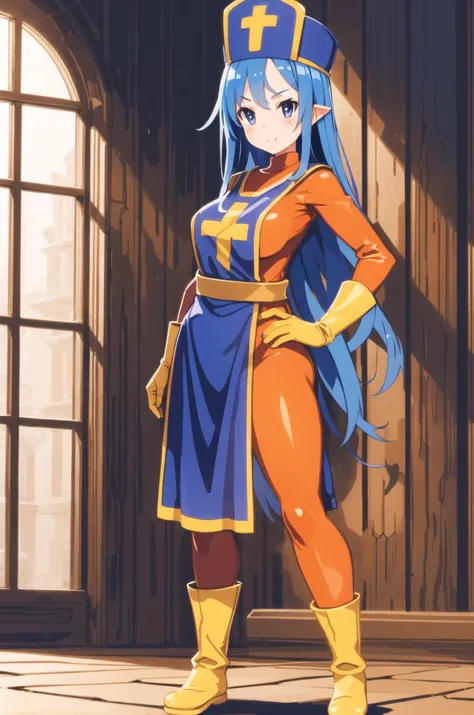masterpiece, best_quality, 1girl, solo, priest \(dq3\), orange bodysuit, tabard, blue hair, harada takehito,