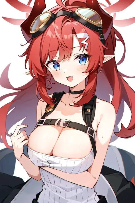 <lora:Shimokura Megu:0.8>, (masterpiece, best quality:1), 1girl, solo, shimokura megu, long hair, blue eyes, pointy ears, horns, halo, goggles on head, looking at viewer, uppeer body, red hair, breast