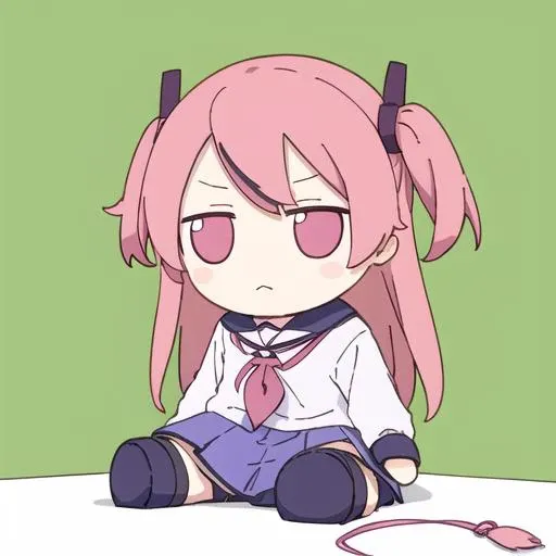 masterpiece, best quality, fumo, sitting, doll, <lora:fumo:0.9>, yuinyan, <lora:yuinyan:1>, school uniform, lavender skirt, belt leggings, pink hair, pink eyes, two side up