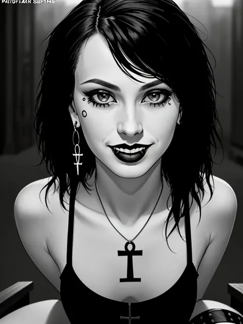 <lora:d34th3ndl3ss:0.65> 1girl, solo, young_woman, d34th3ndl3ss, goth, black_hair + 80s_hair + punk_haircut + spiky_asymmetrical_hair, beautiful_eyes, long_eyelashes, black_mascara, black_lipstick, pale_skin, ankh_necklace, one_earring, smiling, black_crop_top, sitting_on_a_bench, art_by_neil_gaiman_and_sam_kieth. (symmetric). BREAK
<quality_prompt>