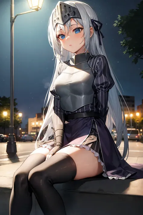masterpiece, best quality,outdoors,night,street,Street lights,1girl,black thighhighs, sitting,