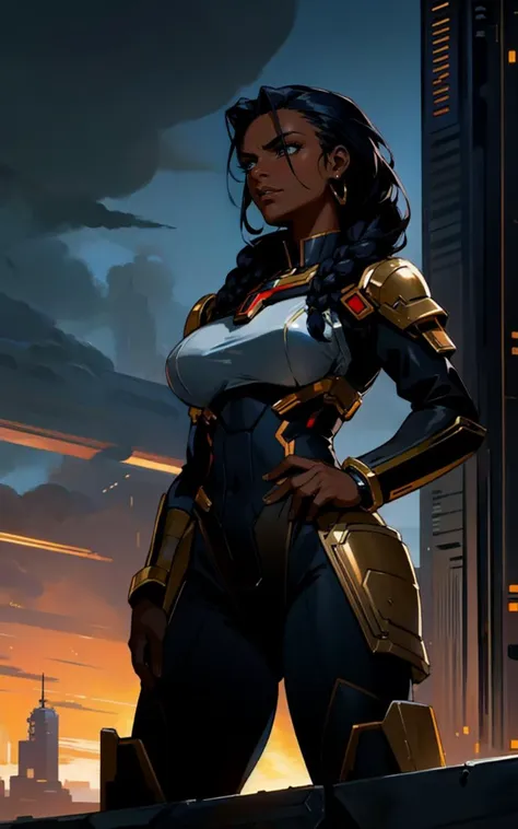 best quality, masterpiece, portrait of a dangerous goddess,  (intense dramatic lighting), ((darkskinned woman in scifi militarystyle uniform standing in front of mechatank)), sharp angles, embellished with intricate gold braiding and medals, commanding posture, (dystopian cityscape in the background), ominous clouds, deep shadows, sense of urgency and power,