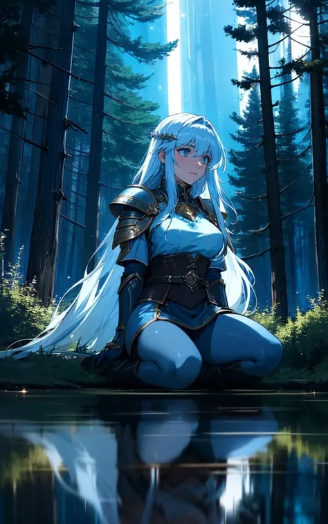 best quality, masterpiece, portrait of a dangerous goddess,  (cowboy shot, solo_focus, cinematic photoshoot of perfect seductive young woman:1.3), In the heart of a moonlit, ancient forest, a solitary Valkyrie kneels beside a serene lake. The water mirrors the night sky, dotted with constellations. Around her, ethereal, glowing runes float gently in the air, casting a soft light on her armor. The scene is enveloped in a profound silence, broken only by the distant, haunting calls of nocturnal creatures. Above, the Northern Lights dance solemnly, reflecting her somber expression as she contemplates the fallen warriors' souls she's destined to guide to Valhalla. The forest around her is both beautiful and melancholic, imbued with a sense of timeless reverence and a deep connection to the ancient Norse legends.