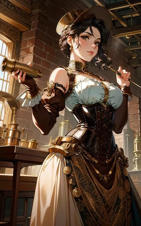 best quality, masterpiece, portrait of a dangerous goddess,  [Victorian:steampunk:0.6] setting, woman embodying a steampunk aesthetic with a Victorian twist, ((intricate corset design)), holding greasy spout oil can, steel boned corset with brass cogs and gear accents, layered bustle skirt in rich brocade, detailed with copper threading, high-collar ruffled blouse with puffed sleeves, leather gloves reaching just below the elbow, adorned with delicate clockwork pieces, striking leather boots with metal heel detailing, a combination of elegance and industrial flair, hair styled in a sophisticated updo, adorned with miniature steampunk-inspired hat, subtle yet striking makeup highlighting her sharp features, standing confidently in a vintage workshop setting, surrounded by brass and copper machinery, soft glow of ambient gaslights, casting dramatic shadows, the air filled with a sense of adventure and mechanical wonder, her presence a perfect blend of Victorian grace and steampunk boldness, captivating the viewer with a look that's both nostalgic and forward-thinking.